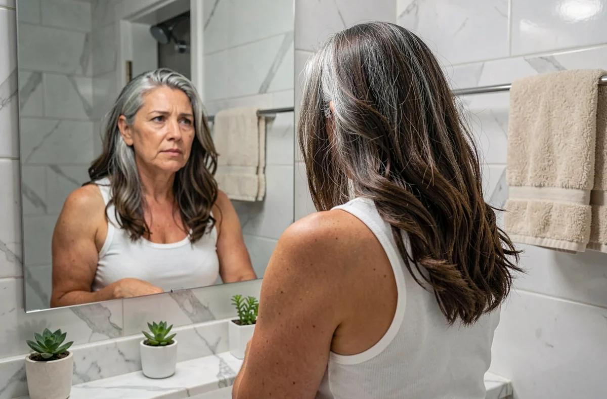 Femme de 42 ans observant sa pousse de cheveux gris naturels dans un miroir de salle de bain, moment intime et authentique