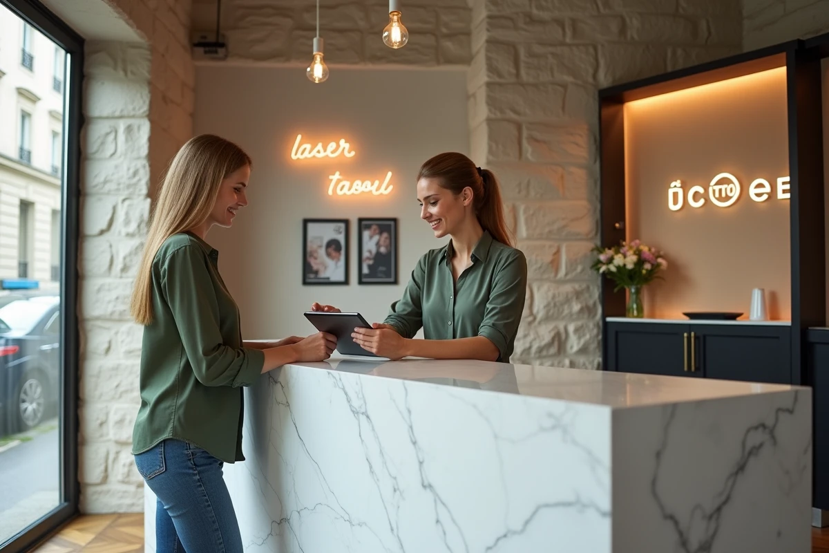 Accueil d'un centre de détatouage laser haut de gamme dans le quartier du Marais à Paris, réceptionniste conseillant une cliente dans un espace au design contemporain avec murs en pierre apparente