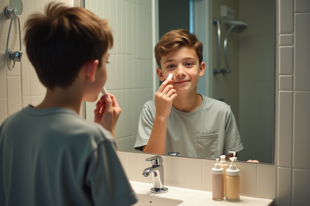 Adolescent pratiquant le concealer devant le miroir