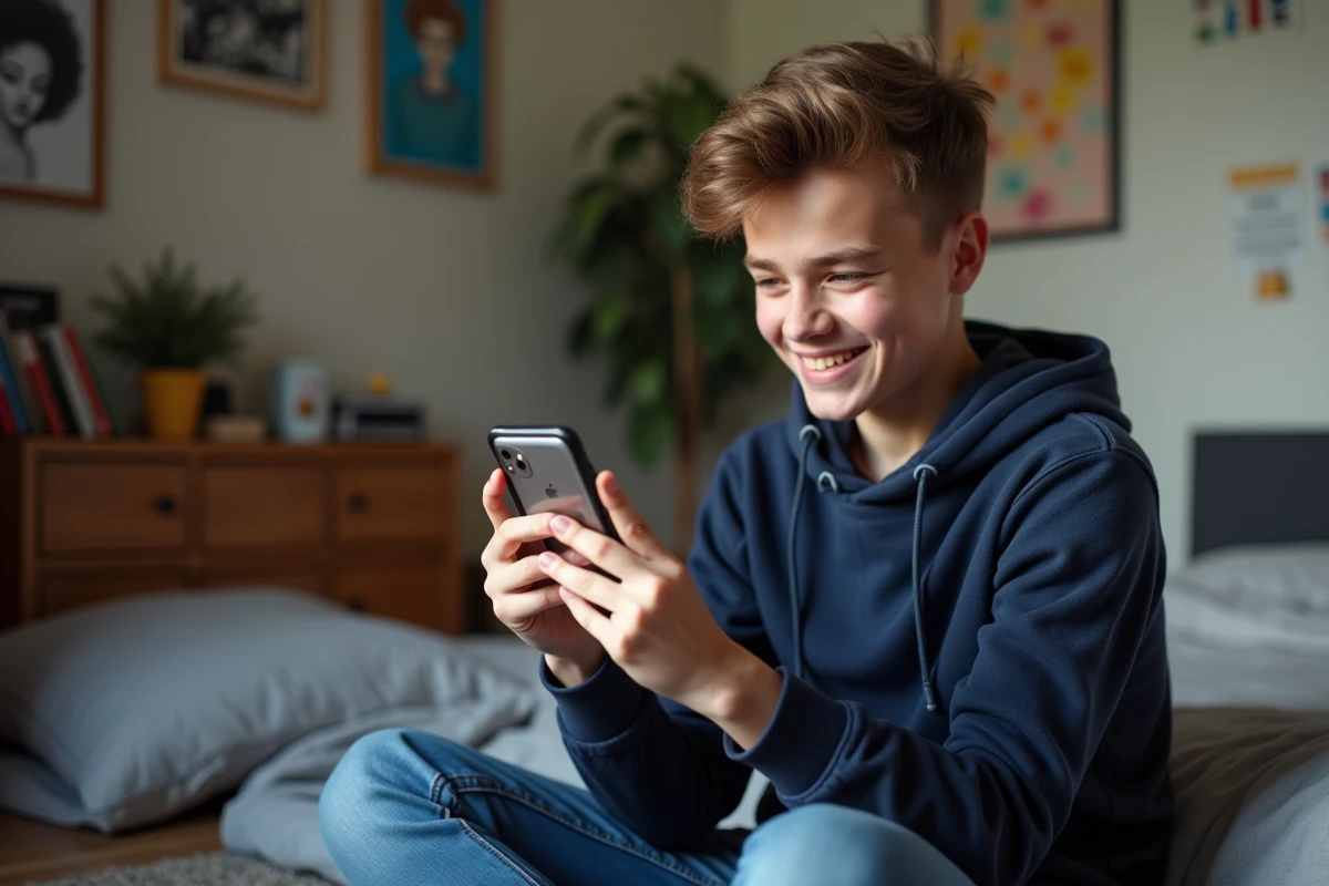 Adolescent regardant une application de coiffure sur son smartphone