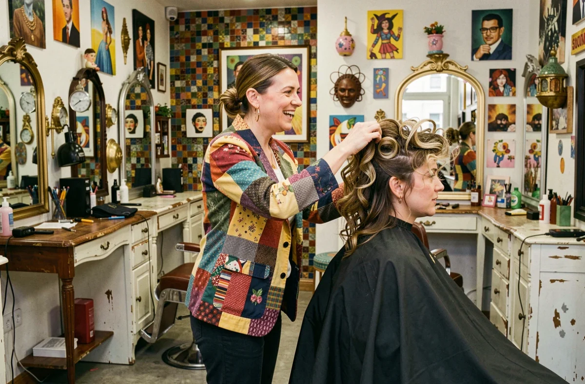 Coiffeuse créative travaillant dans le cadre atypique du salon Alexandre Coiffure à Chambéry