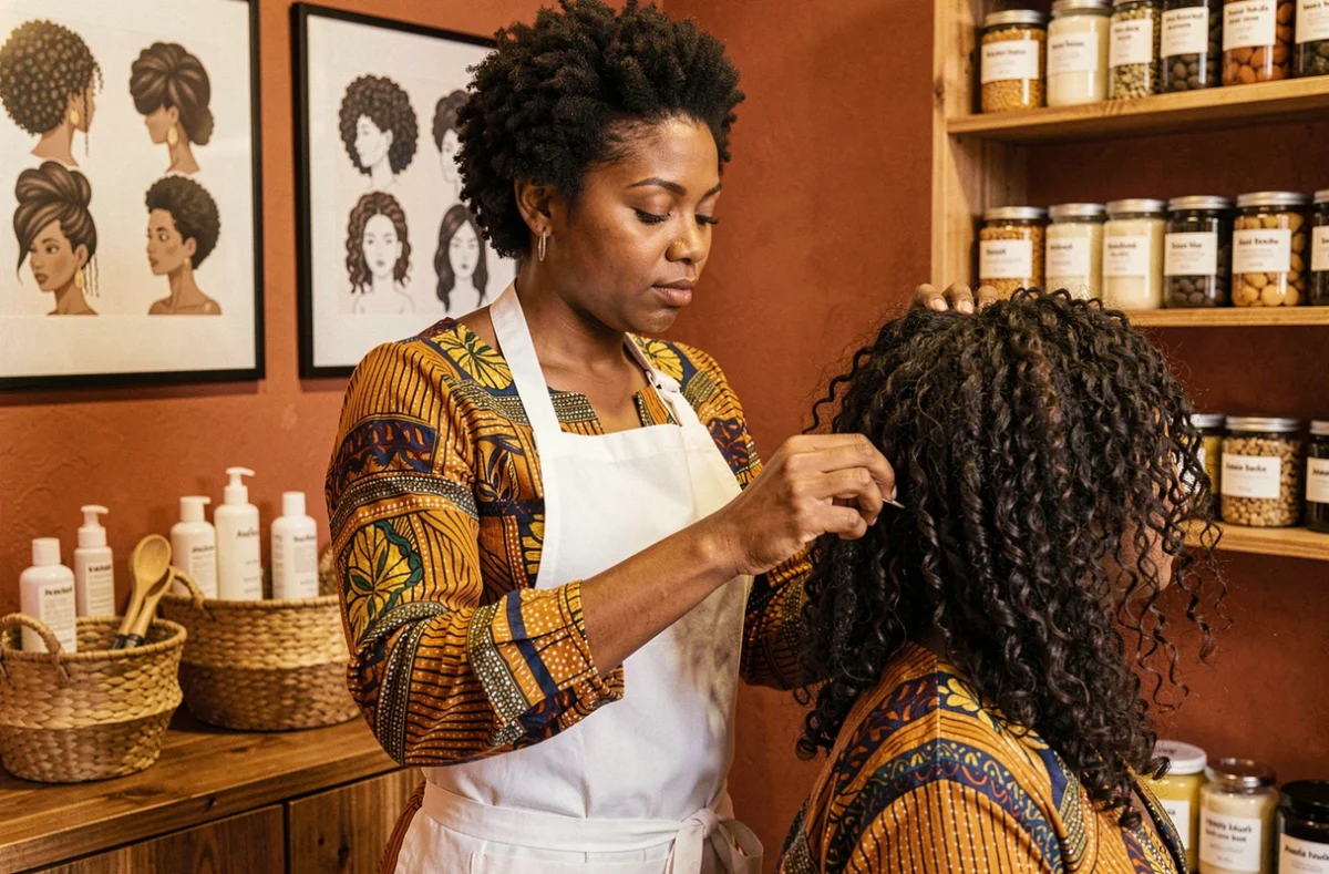 Spécialiste de la coiffure afro travaillant sur les boucles naturelles d'une cliente chez Anaïa à Lyon
