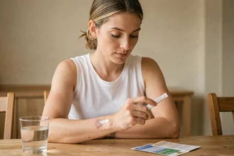Femme appliquant une crème cicatrisante Halcare sur une cicatrice de l'avant-bras, assise à une table en bois dans une cuisine lumineuse