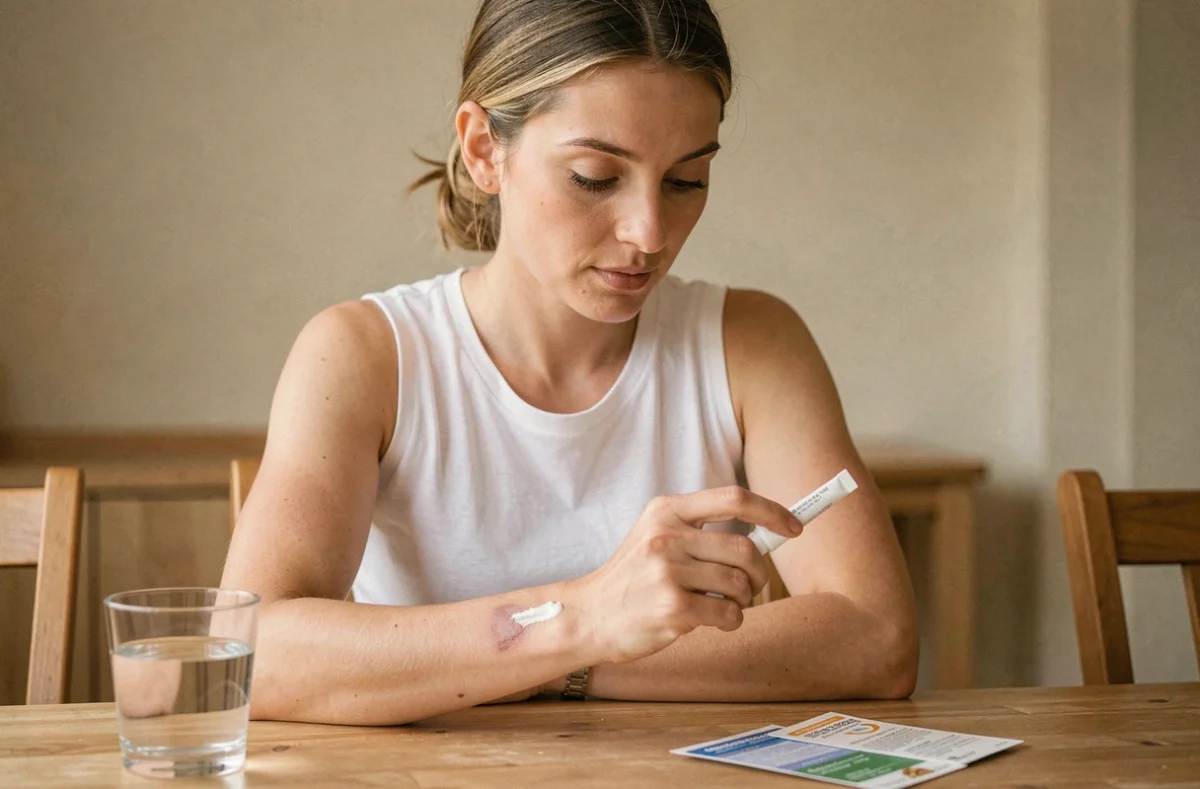 Femme appliquant une crème cicatrisante Halcare sur une cicatrice de l'avant-bras, assise à une table en bois dans une cuisine lumineuse