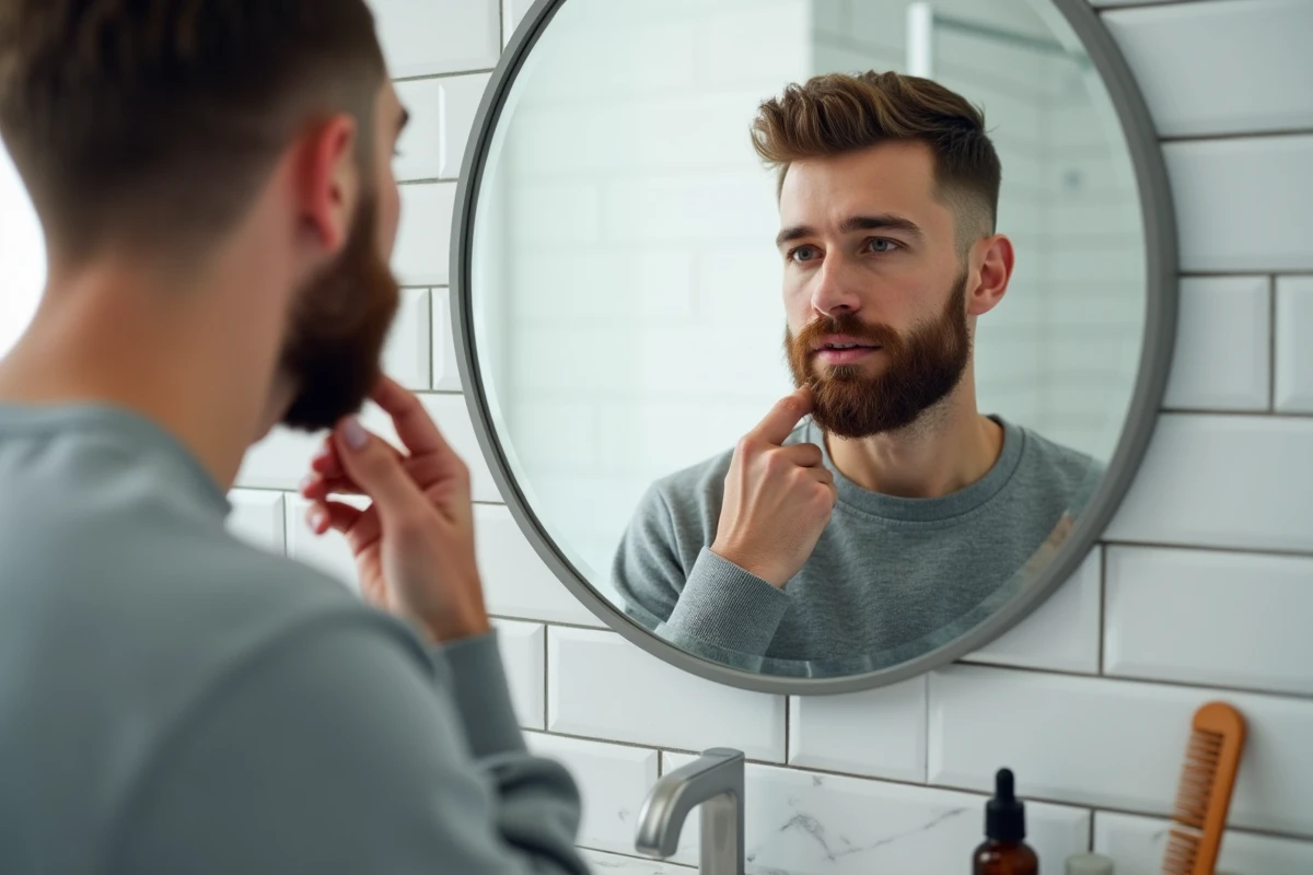 Homme appliquant un sérum sur sa barbe clairsemée devant un miroir de salle de bain