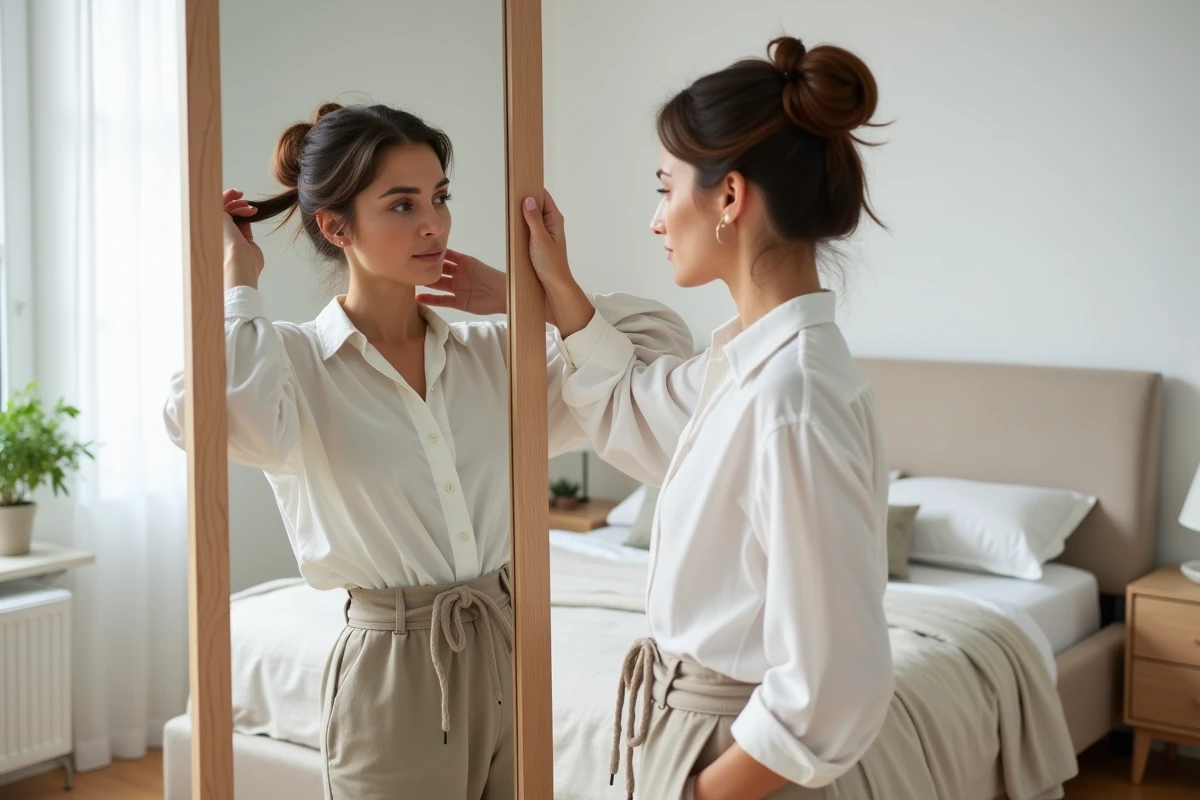 Femme avec un nez aquilin arrangeant sa coiffure devant un miroir en pied dans une chambre au style scandinave épuré