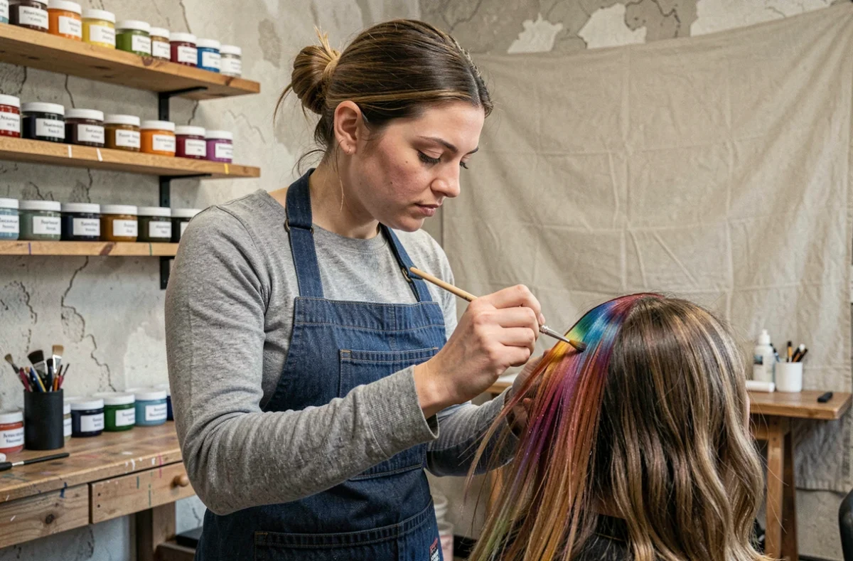 Coloriste appliquant des nuances précises sur les cheveux d'une cliente à l'Atelier Nuance à Chambéry