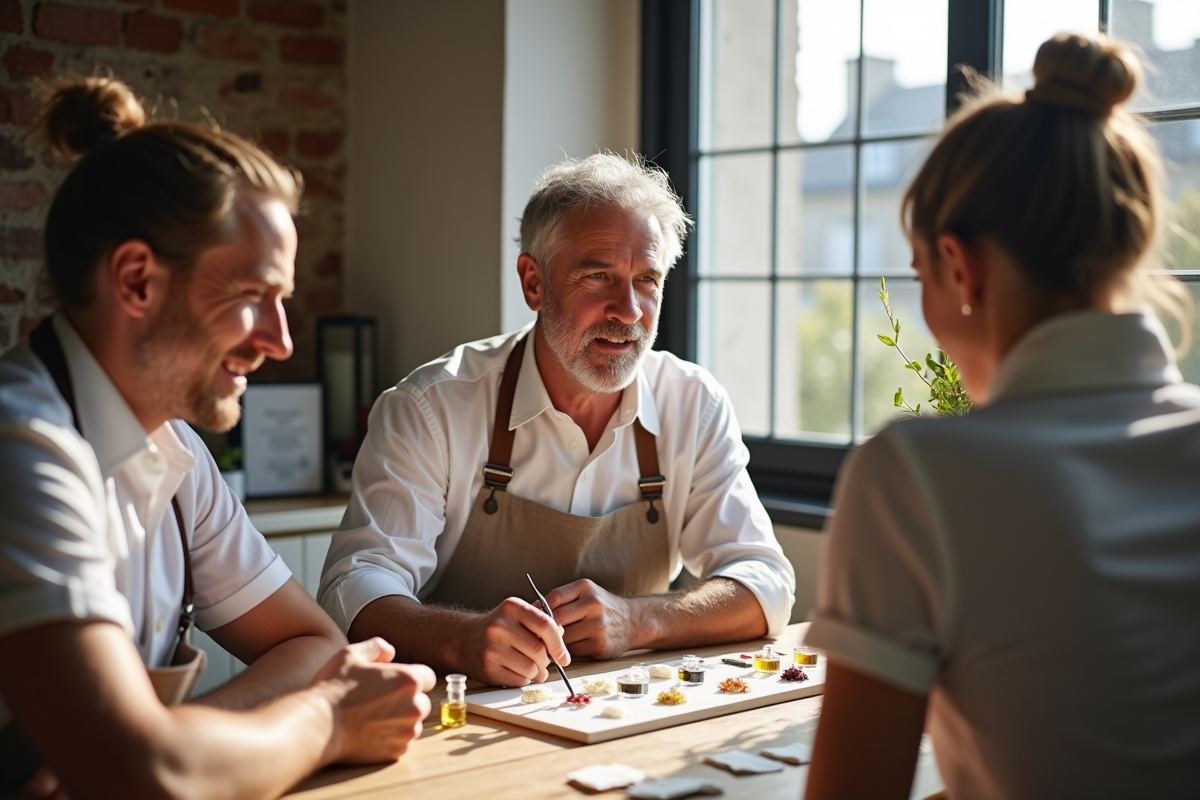 Homme guidant atelier de création de parfum avec invités