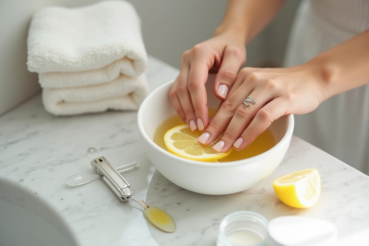 Trempage des ongles dans un bain d'huile et de citron pour réparer un ongle fendu, routine de soin complète