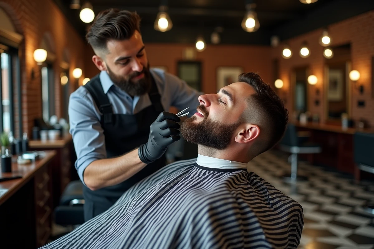 Barbier professionnel sculptant un bouc clairsemé avec un rasoir droit dans un salon vintage