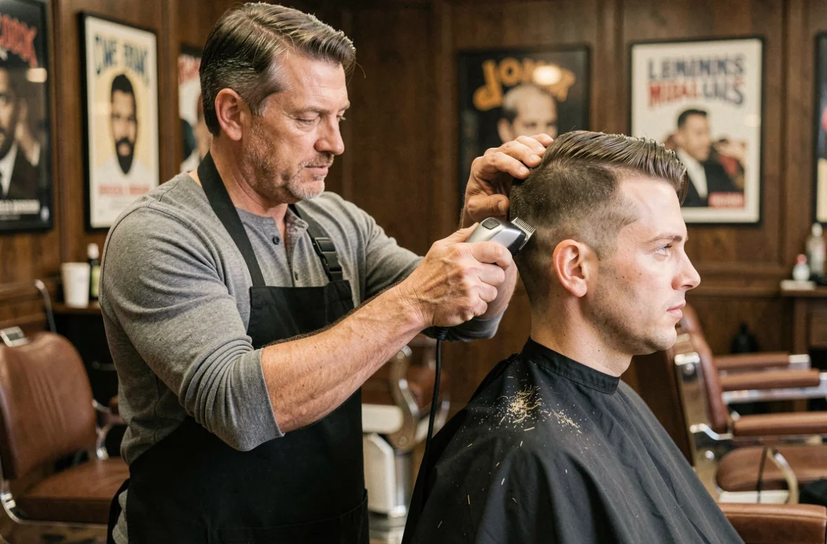 Barbier professionnel utilisant une tondeuse électrique pour tracer un ticket de métro sur la nuque d'un client en salon