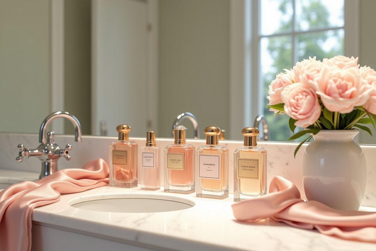 Vitrine de parfums avec foulards en soie et bouquet de pivoines