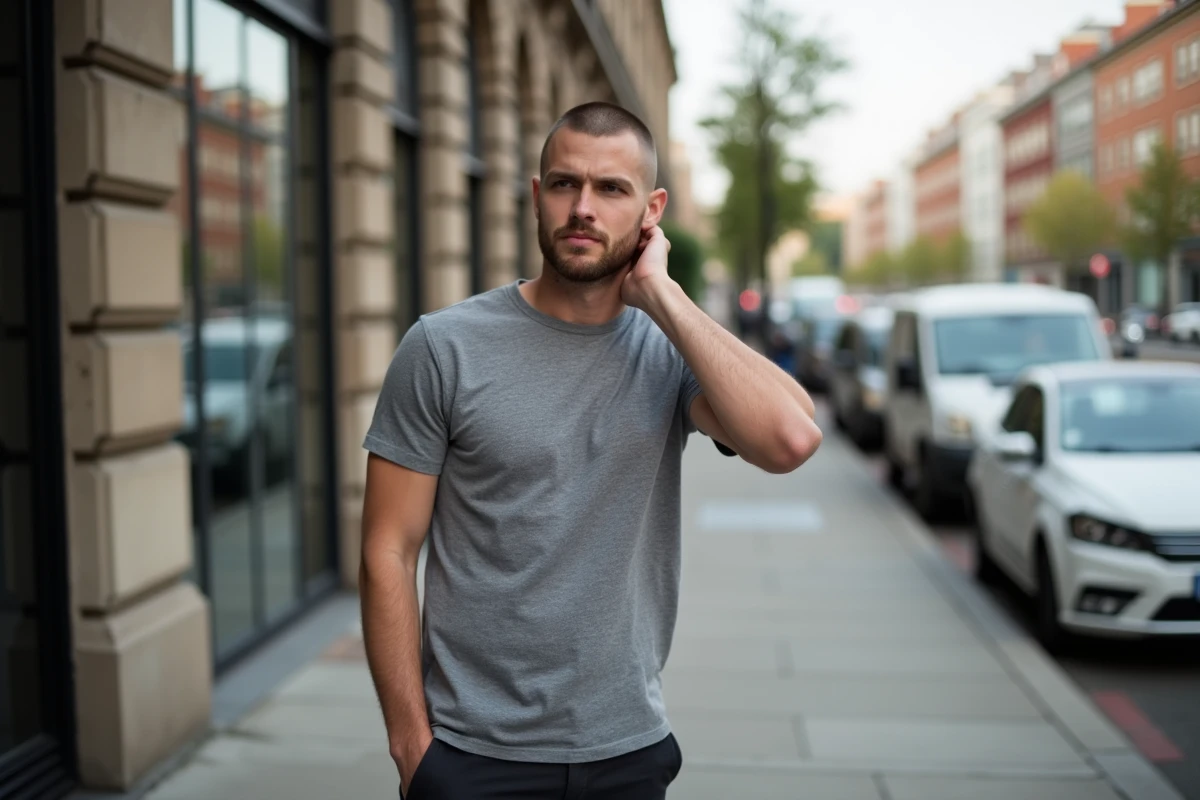 Homme avec buzz cut repoussé à 10-12mm dans la rue, main sur la tête, cheveux courts en repousse visible sur les côtés et le dessus