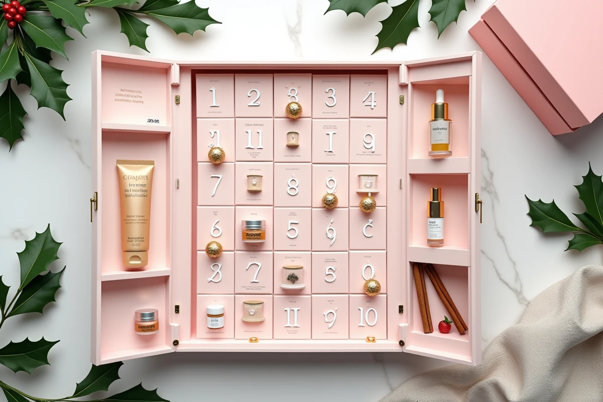 Vue de dessus d'un calendrier de l'Avent femme ouvert sur marbre blanc, révélant soins beauté miniatures, baumes et chocolats artisanaux dorés, style éditorial épuré