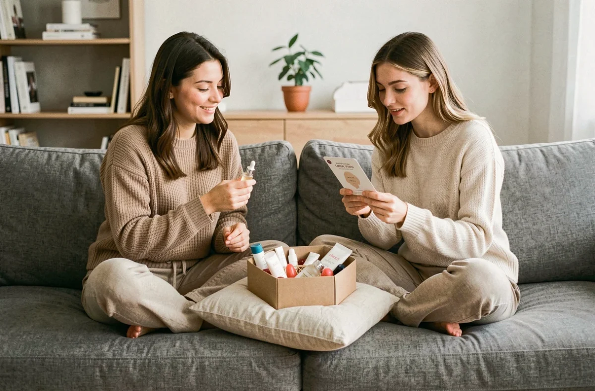 Deux femmes comparant des produits du calendrier de l'avent YesStyle assis sur un canapé dans un salon scandinave