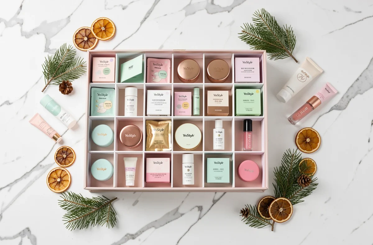 Vue à plat du calendrier de l'avent YesStyle ouvert révélant 24 mini produits de beauté coréens sur marbre blanc