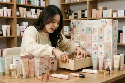 Jeune femme ouvrant un calendrier de l'avent beauté YesStyle avec des produits K-beauty éparpillés sur un bureau en bois