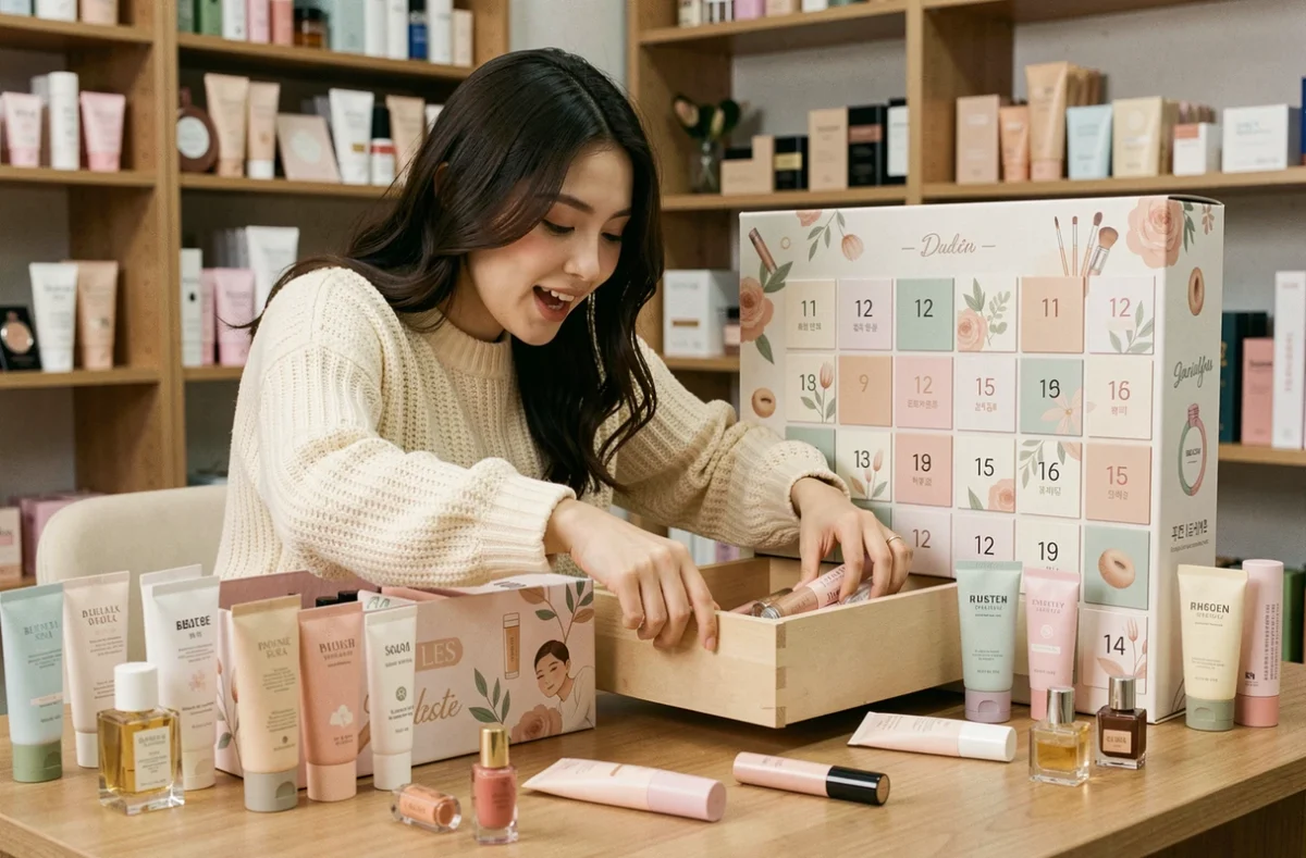 Jeune femme ouvrant un calendrier de l'avent beauté YesStyle avec des produits K-beauty éparpillés sur un bureau en bois