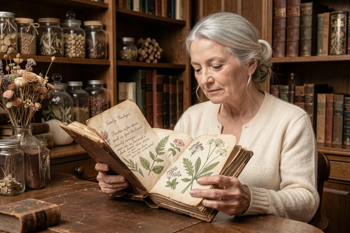 Femme âgée consultant un carnet de recettes de grand-mère sur les remèdes naturels à base de plantes dans un bureau ancien