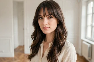 Femme brune aux cheveux longs avec une frange rideau qui affine les traits du visage dans un appartement parisien lumineux