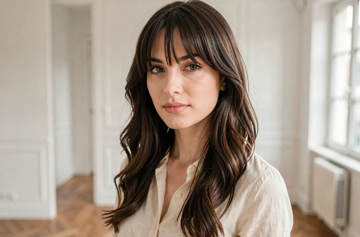 Femme brune aux cheveux longs avec une frange rideau qui affine les traits du visage dans un appartement parisien lumineux
