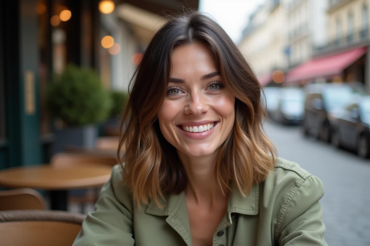 Femme aux cheveux mi-longs dégradés en balayage caramel assise en terrasse de café, style naturel et décontracté