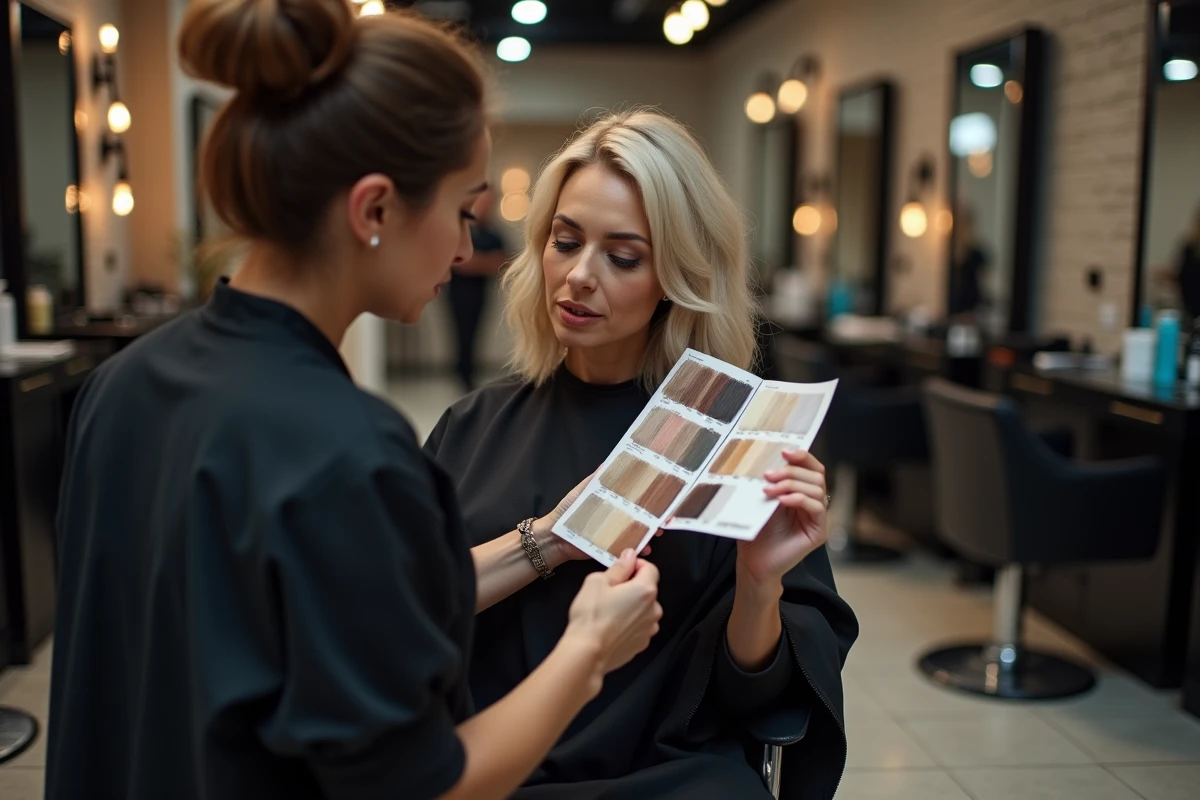 Cliente et coiffeuse comparant des nuanciers de couleur pour choisir une teinte en salon