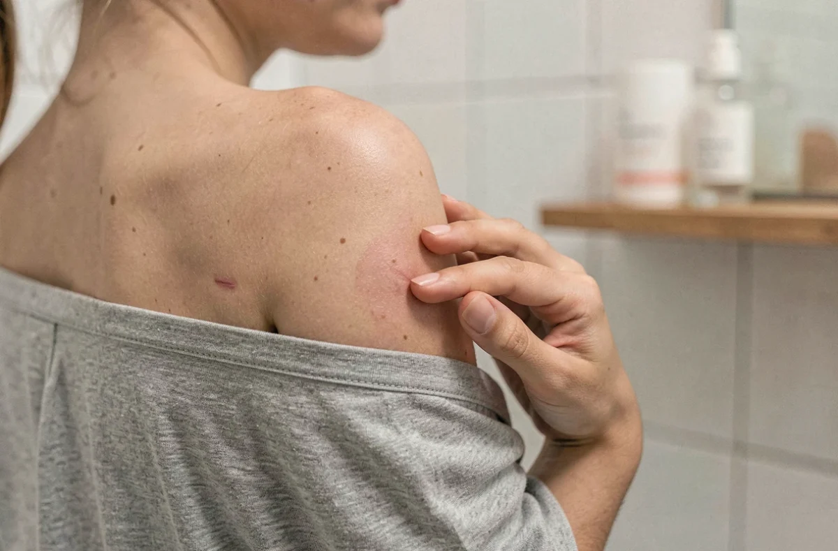 Gros plan sur une cicatrice récente sur l'épaule d'une jeune femme dans une salle de bain, illustrant les soins dermatologiques post-cicatrisation