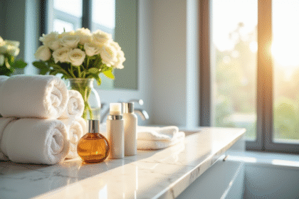 Surface de salle de bain élégante avec produits cosmétiques de luxe