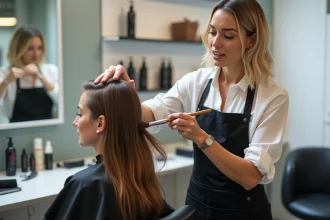 Coiffeuse professionnelle appliquant une coloration capillaire sur une cliente dans un salon moderne