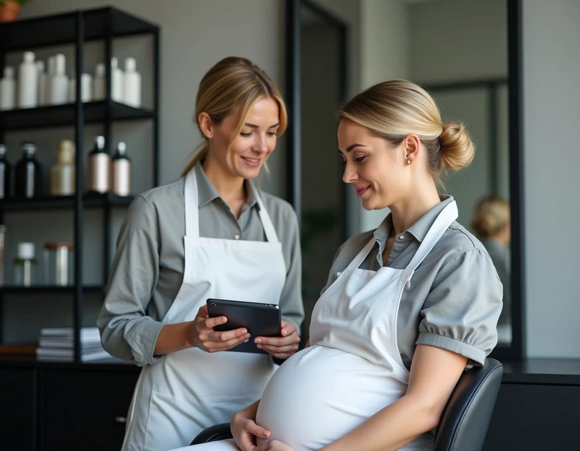 Coiffeuse conseillant une cliente enceinte sur des alternatives capillaires sûres en salon