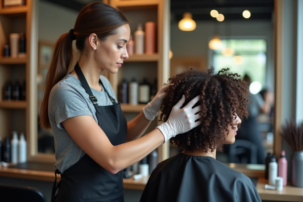 Coiffeuse professionnelle appliquant une crème coiffante sur les cheveux bouclés d'une cliente dans un salon de coiffure moderne