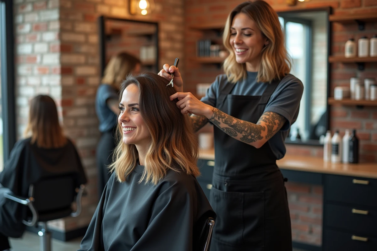 Coiffeuse professionnelle réalisant un dégradé sur cheveux mi-longs dans un salon de coiffure moderne avec briques apparentes