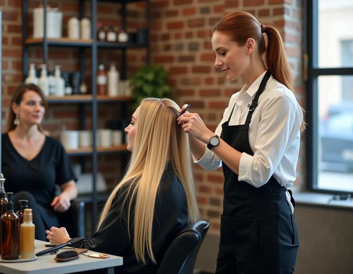 Coiffeuse professionnelle brossant des extensions de cheveux blondes sur une cliente dans un salon moderne