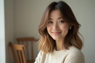 Femme aux cheveux mi-longs dégradés avec du mouvement et des reflets naturels, coiffure décontractée en intérieur