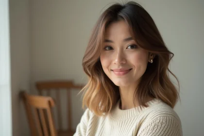 Femme aux cheveux mi-longs dégradés avec du mouvement et des reflets naturels, coiffure décontractée en intérieur