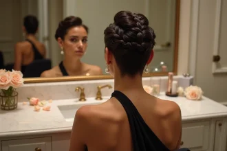 Femme avec une coiffure tressée sur cheveux courts pour une soirée élégante, vue de dos révélant les micro-tresses au niveau de la nuque