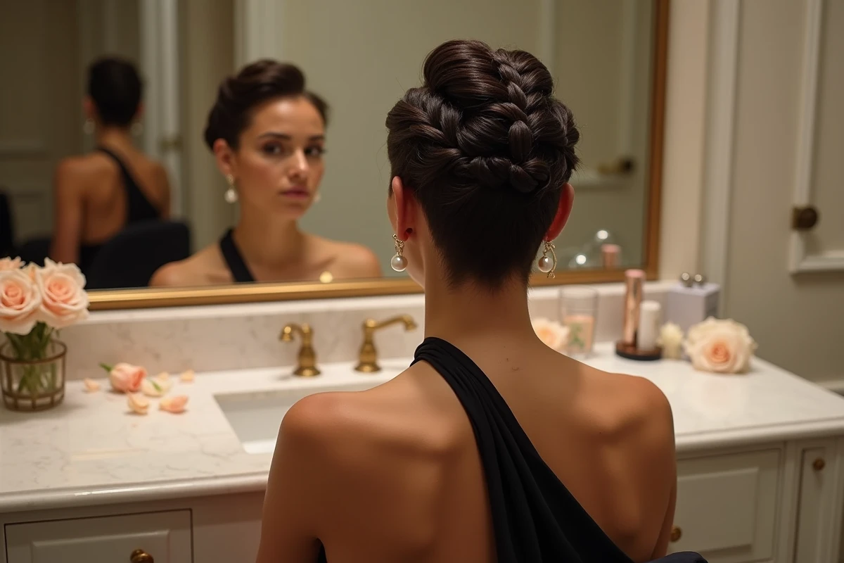 Femme avec une coiffure tressée sur cheveux courts pour une soirée élégante, vue de dos révélant les micro-tresses au niveau de la nuque
