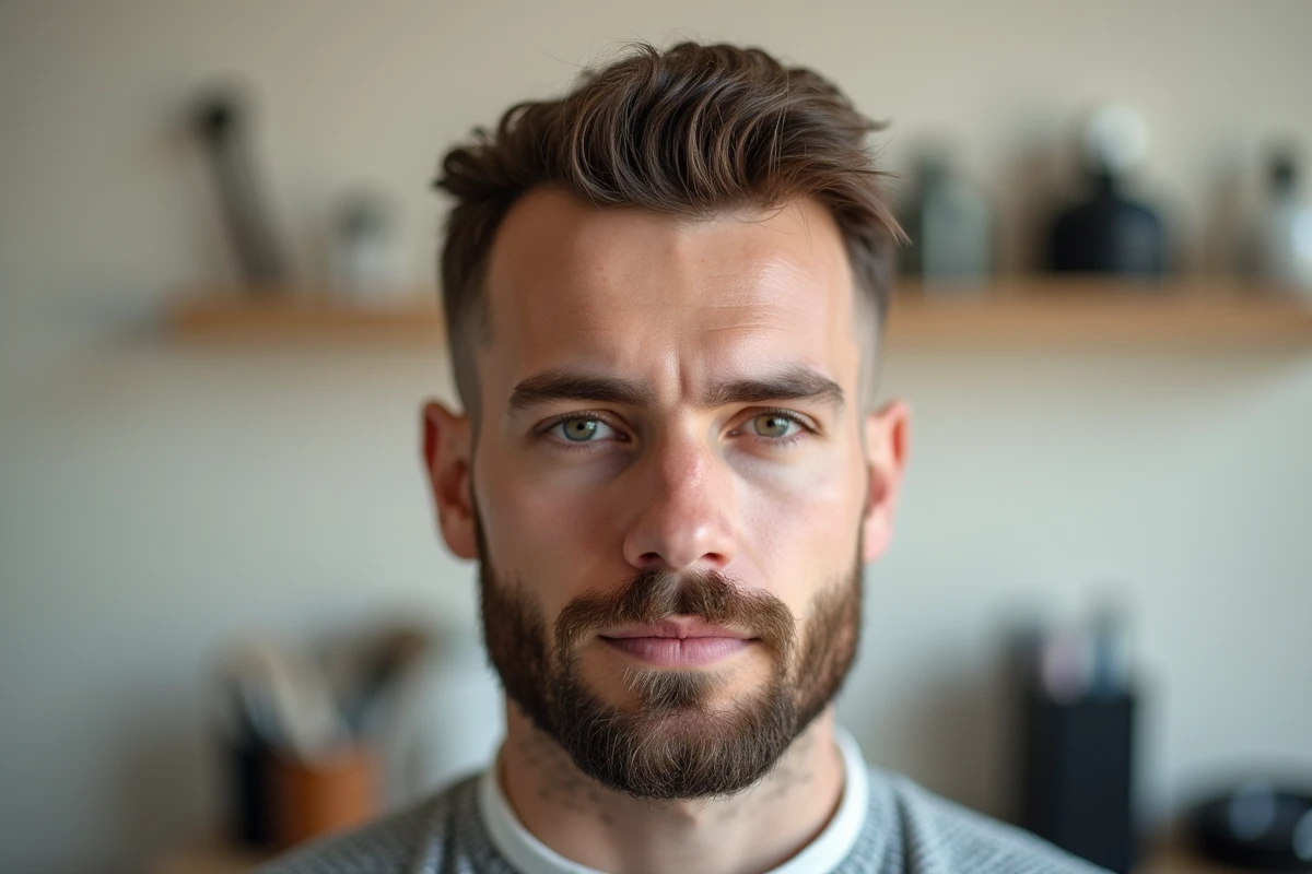 Comparaison visuelle d'un buzz cut homme entre 2mm et 15mm de repousse, portrait côte à côte en barbershop montrant la limite esthétique de la coupe