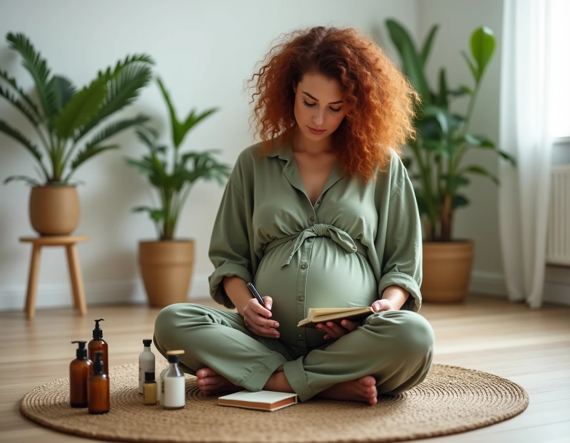 Femme enceinte comparant des produits capillaires naturels et clean posés sur le sol