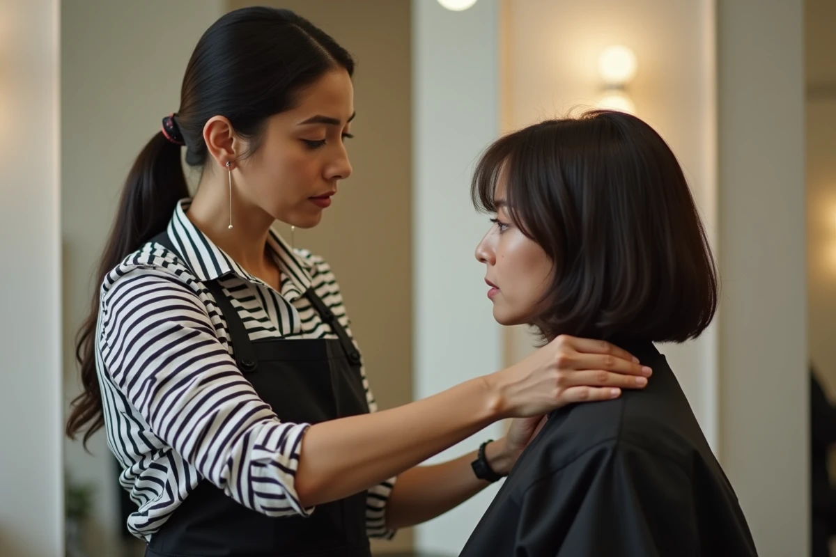 Coiffeuse professionnelle en consultation avec une cliente pour entretenir un carré boule court et planifier la repousse
