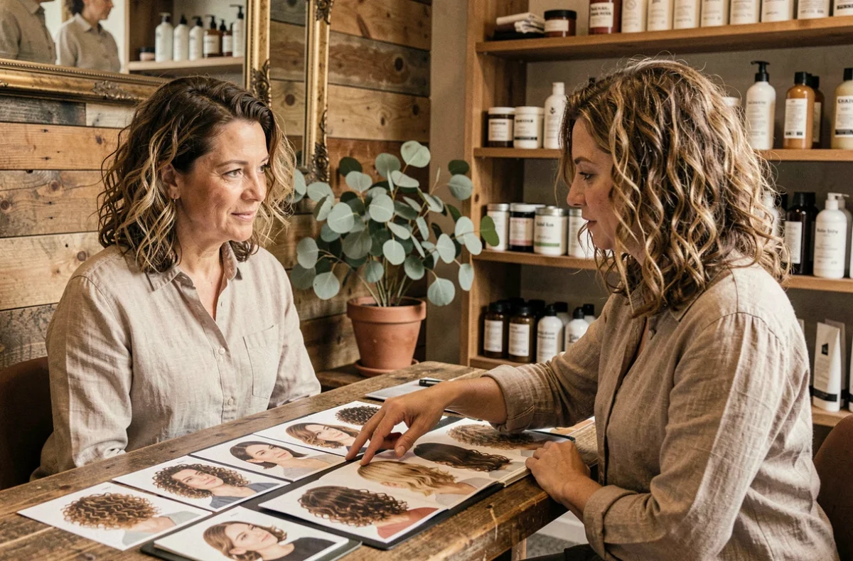 Femme aux cheveux ondulés bouclés en consultation avec sa coiffeuse pour choisir une coupe adaptée à ses boucles