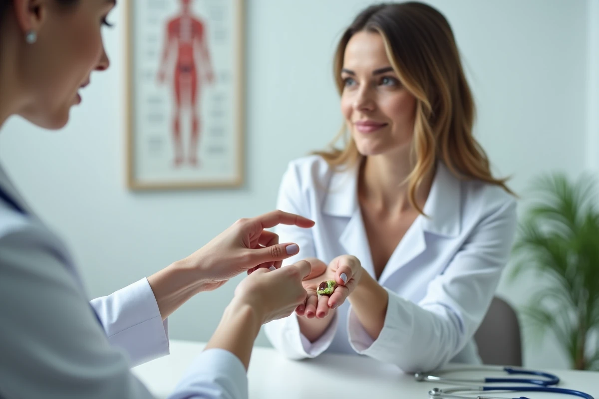 Patiente en consultation dermatologique montrant un ongle épaissi et décoloré à un médecin inspectant une infection sous faux ongle gel