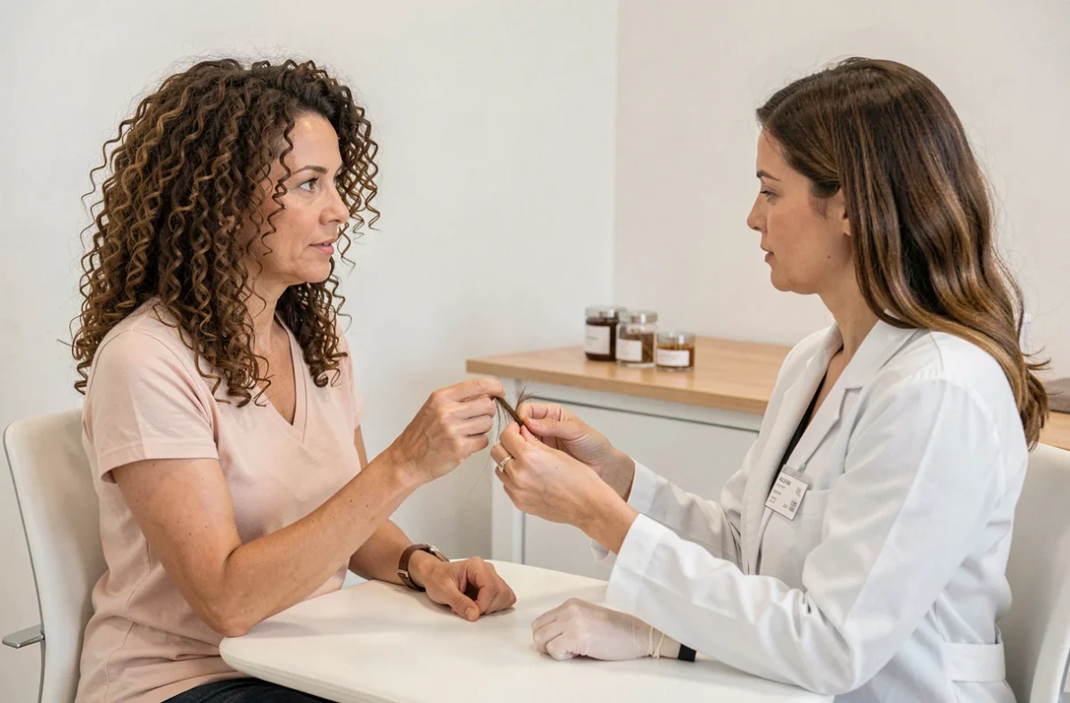 Consultation capillaire entre une femme aux cheveux bouclés et un spécialiste avant une permanente lissante, dans une clinique trichologique moderne