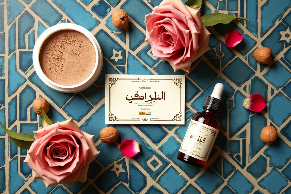 Plat de cosmétiques halal marocains certifiés sur carrelage zellige avec ingrédients naturels et logo certification halal