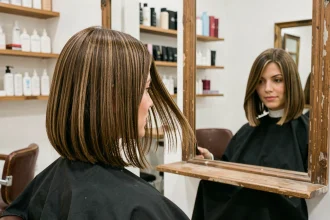 Femme aux cheveux fins et raides coupés en carré plongeant dans un salon de coiffure parisien moderne