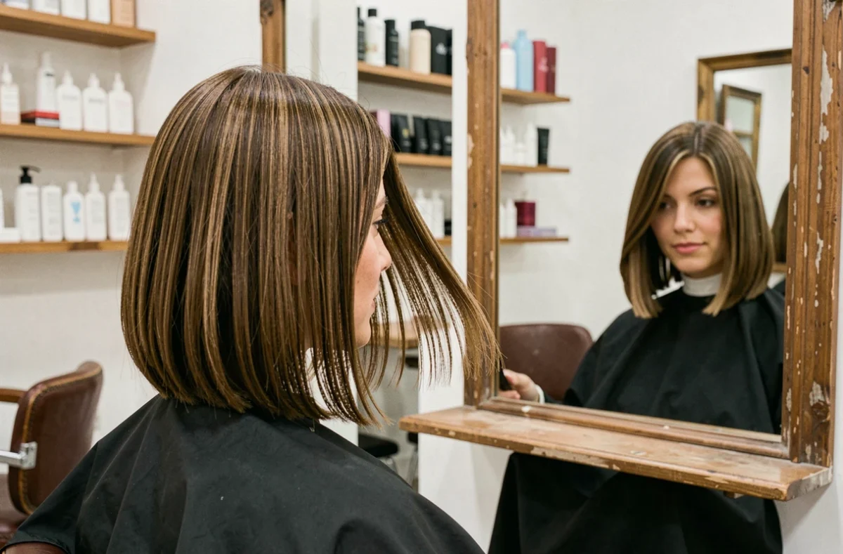 Femme aux cheveux fins et raides coupés en carré plongeant dans un salon de coiffure parisien moderne