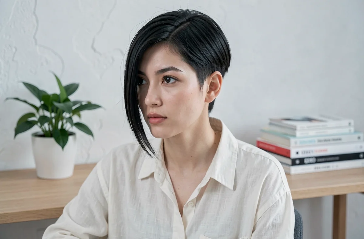 Jeune femme aux cheveux fins et raides coiffée en pixie cut texturé avec frange côté dans un bureau minimaliste