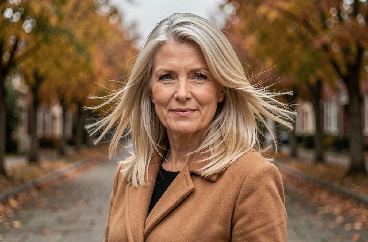 Femme aux cheveux fins et blonds coupés en longueur avec du volume en extérieur en automne