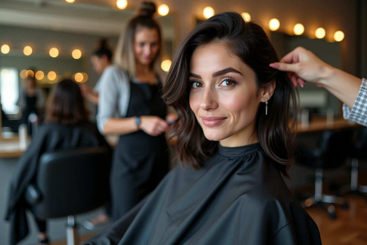 Femme au nez aquilin en salon de coiffure recevant une coupe de cheveux adaptée à sa morphologie de visage
